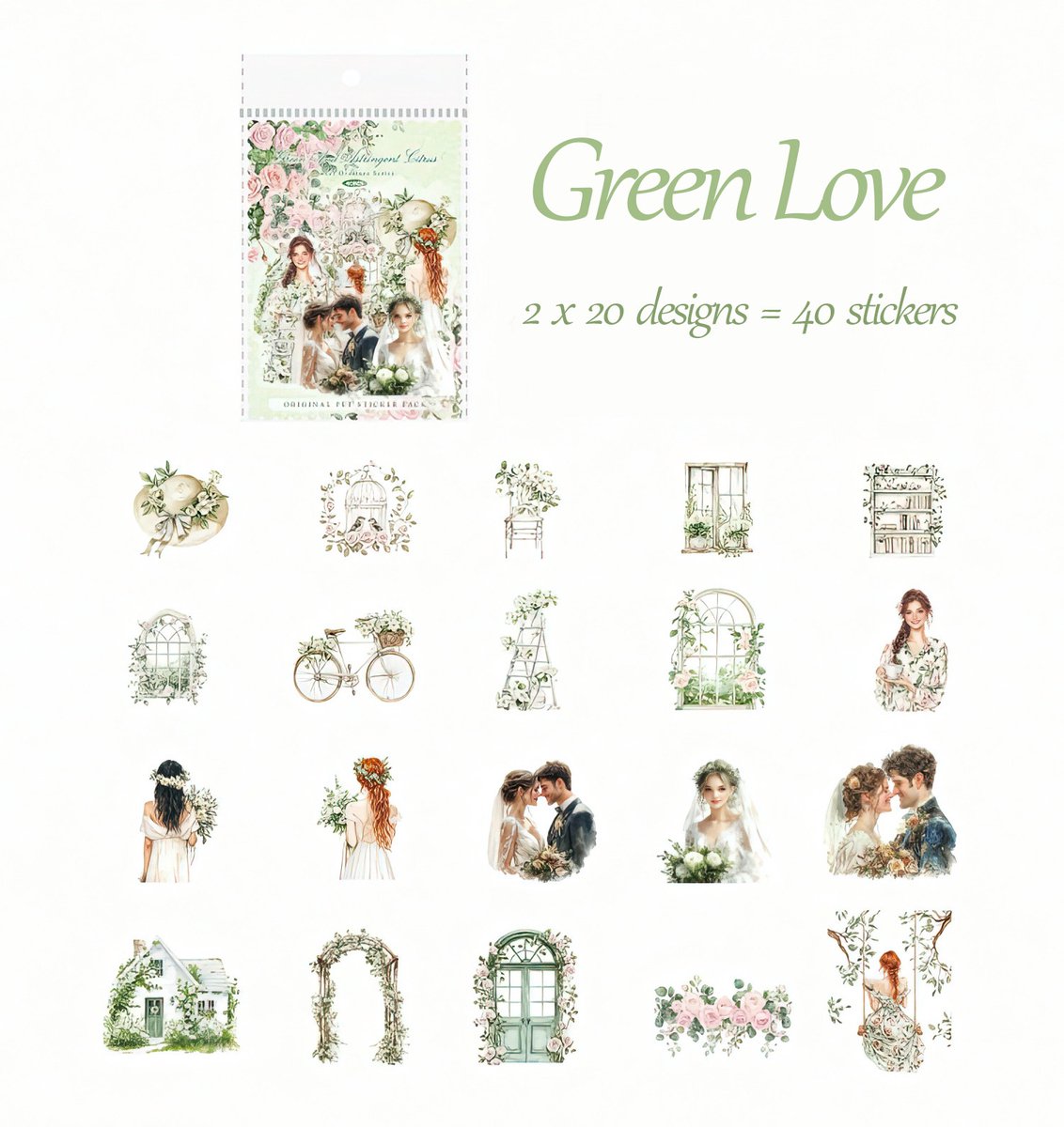 Ainy Green Love PET Stickers 40 stuks voor bullet journal, fotoalbum, laptop, telefoon, waterfles en zelfs als muursticker | Bruiloft | Wedding | knutselen stickervellen voor kinderen en volwassenen